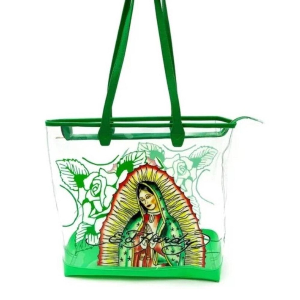 Ed Hardy Virgin de Guadalupe Green Clear PVC Tote Bag